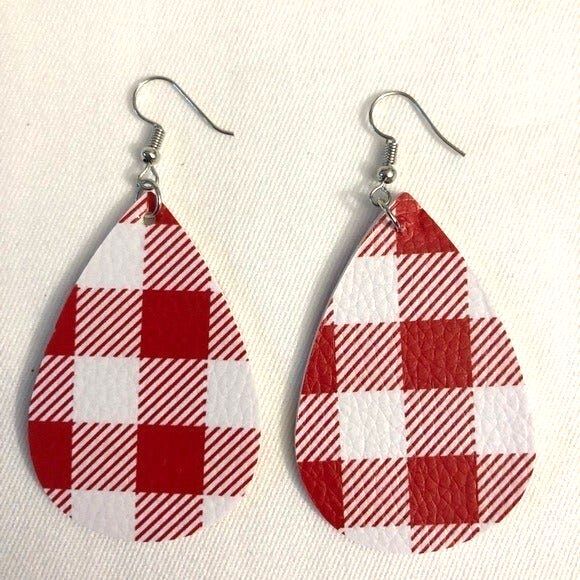 Checked Red White Plaid Leather Teardrop Pierced Earrings New - Picture 2 of 5